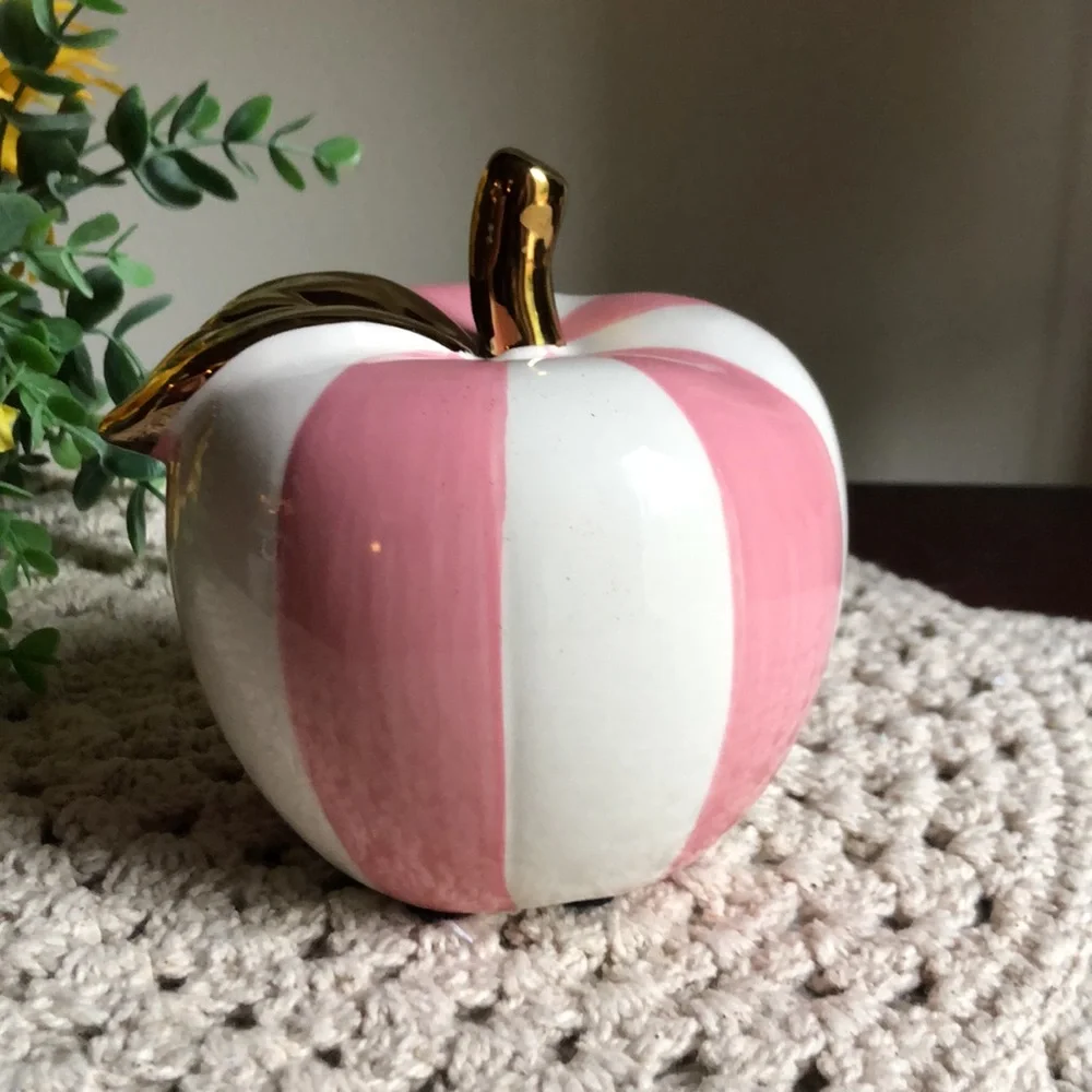 Pink and White Striped Ceramic Apple with Gold Stem